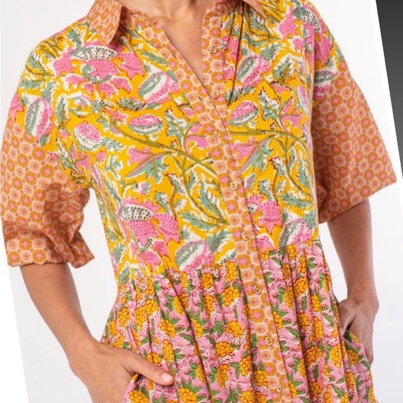 NWT LoveStitch Dress pockets 100% cotton midi floral tiered oranges golds pinks - Picture 3 of 16